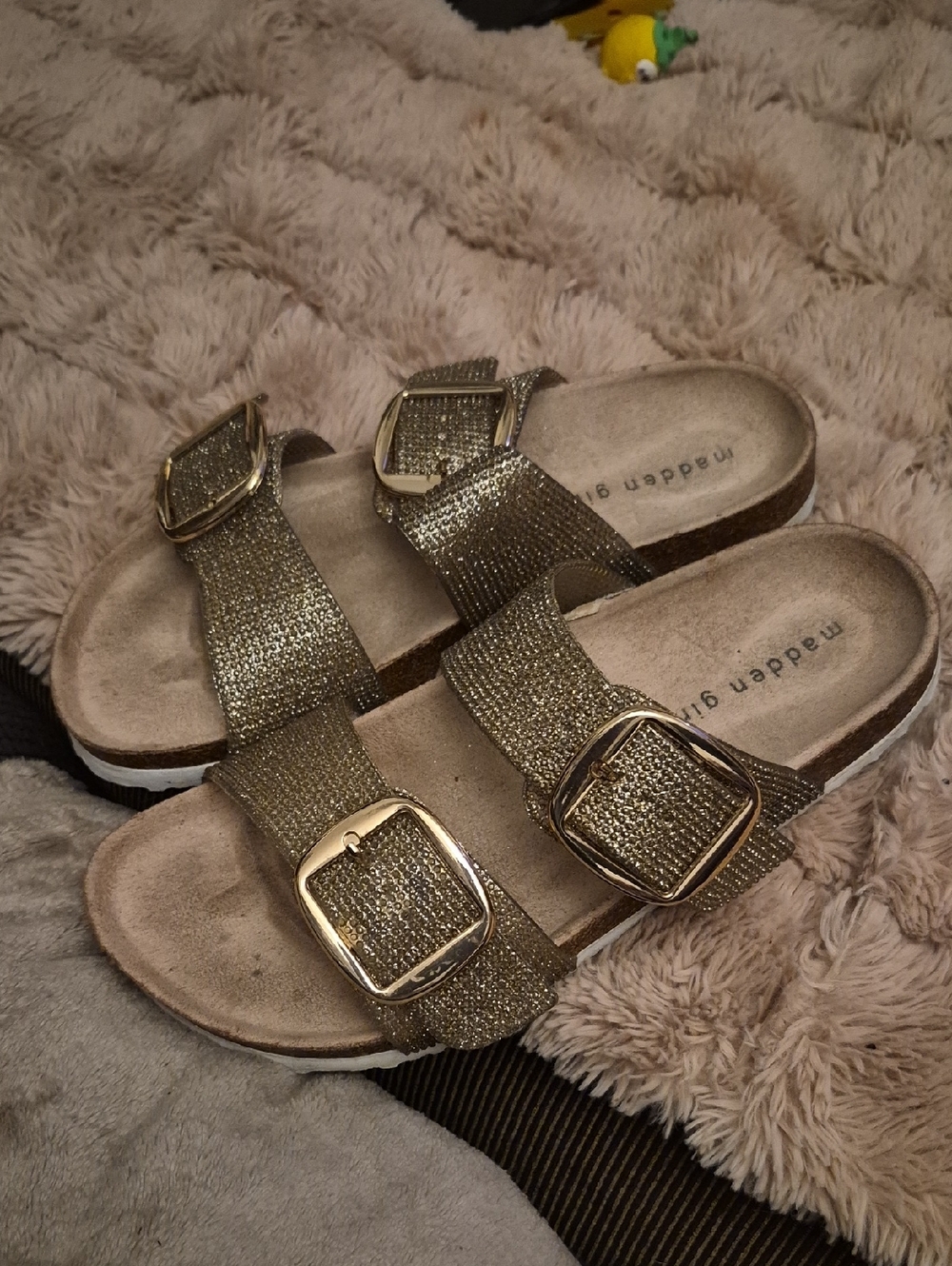 Madden Girl Gold Glitter Slide Sandals